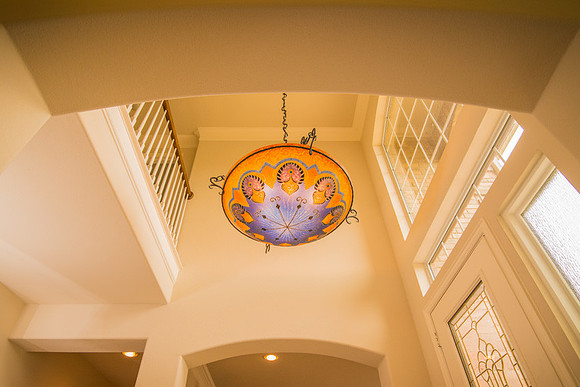 Detail of entrance lighting of home at 10001 Grandview in Denton Texas